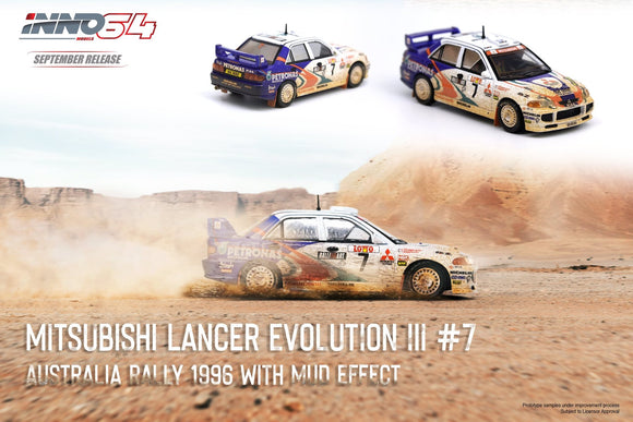 Mitsubishi Lancer Evolution III #7 Australia Rally 1996 with mud effect - INNO64 - 1:64