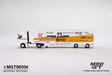 LB Racing Transporter Set Mercedes-Benz Actros with Racing Transporter "LB Racing" & LB-Super Silhouette Nissan S15 Silvia Presentation - MINI GT - 1:64