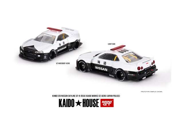 MINI GT 街道ハウス スカイライン R34 ポリス チェイス ③ Nissan Skyline GT-R (R34) Kaido Works (V2 Aero) Police - MINI GT