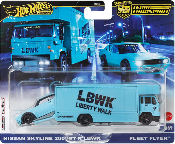 Nissan Skyline 2000 GT-R LBWK & Fleet Flyer truck Team Transport - Hotwheels - 1:64