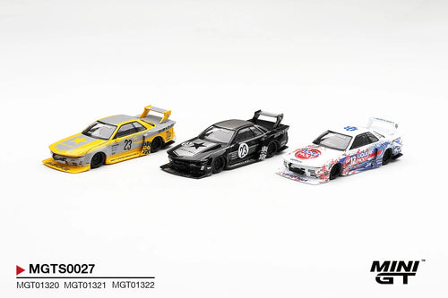 [Preorder] INOZETEK x Liberty Walk R32 3 cars set 2026 Show Edition : Nissan Skyline GT-R (R32) LB-Kaido Works #23 (Yellow), Nissan Skyline GT-R (R32) LB-Kaido Works #23 (Black), Nissan Skyline GT-R (R32) LB-Kaido Works Liqui Moly #13 - MINI GT - 1:64