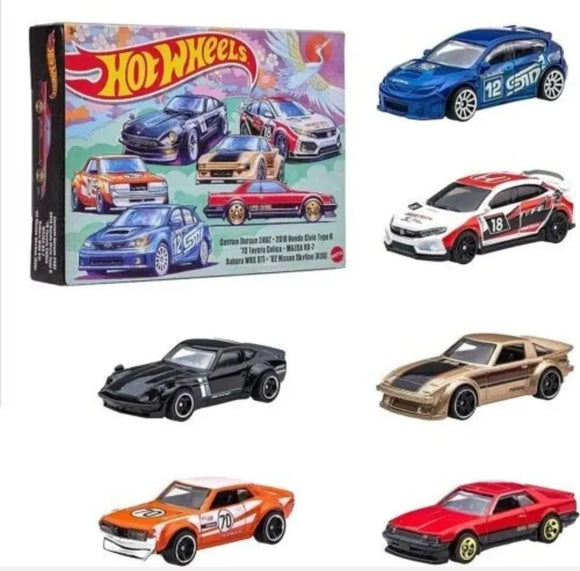 6-Car Set Japanese Car Culture : Custom Datsun 240Z, Honda Civic Type R '18, Toyota Celica '70, Mazda RX-7, Subaru WRX STi, Nissan Skyline (R30) '82 - Hotwheels - 1:64
