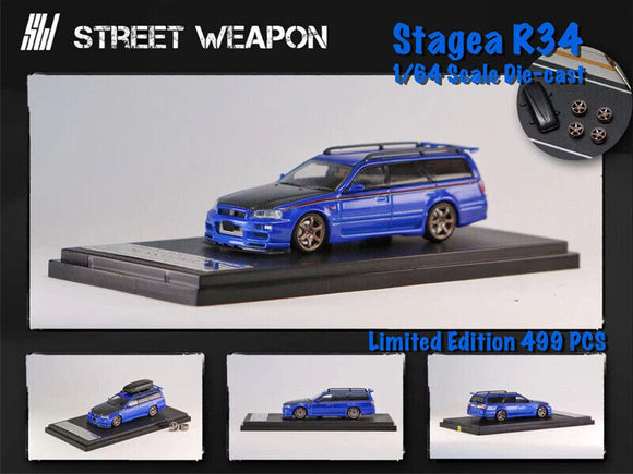 Nissan Stagea R34 (Blue with Carbon Fiber Hood) - Street Weapon - 1:64