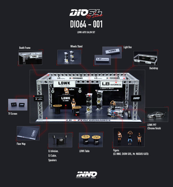 Liberty Walk Auto Salon Diorama Included Porsche 997 LBWK Chrome and 3 Figures - INNO64 - 1:64 - Modelcars Passion
