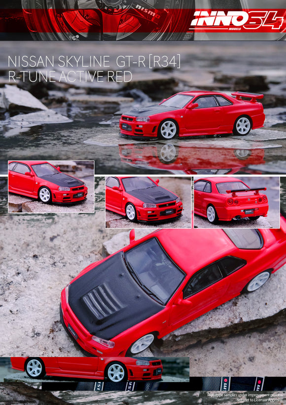 Nissan Skyline GT-R (R34) Nismo R-Tune (Active Red with Carbon Bonnet) - INNO64 - 1:64