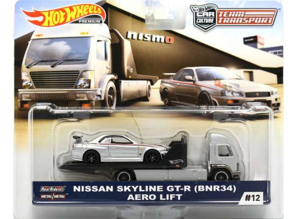 Nissan Skyline GT-R (BNR34) & Aero Lift truck - Hotwheels - 1:64 - Modelcars Passion