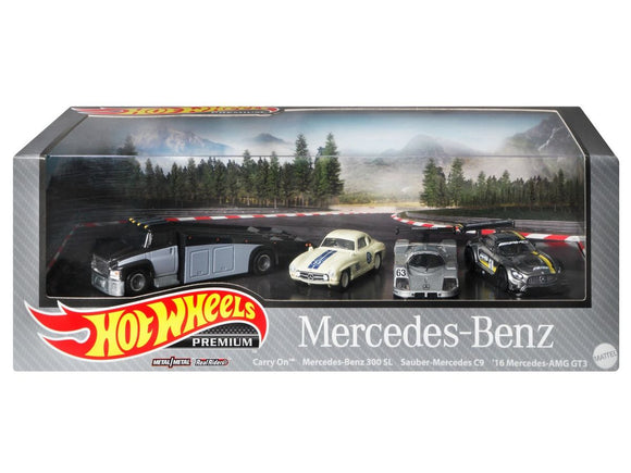 4-Car Set Mercedes-Benz : Cary On & Mercedes 300 SL, Sauber-Mercedes C9, Mercedes AMG GT3 2016- Hotwheels - 1:64 - Modelcars Passion